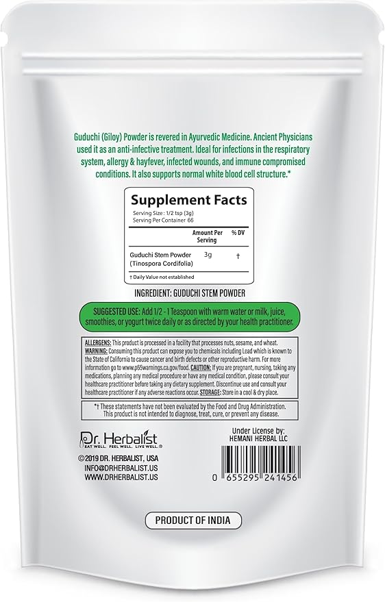 Dr. HERBALIST Guduchi Stem Powder (200g) Tinospora Cordifolia - Supports Detoxification & Immune Wellness