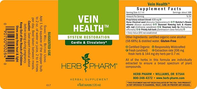 Herb Pharm Vein Health Liquid Herbal Formula for Cardiovascular and Circulatory System Support - 4 Ounce