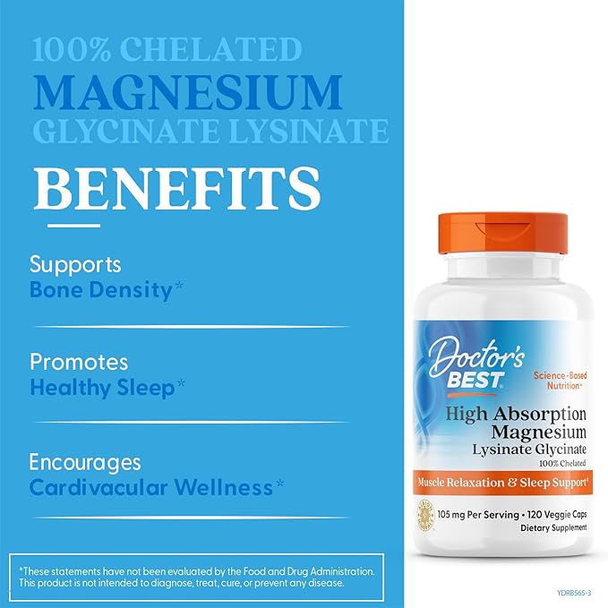 Doctor's Best High Absorption Magnesium Lysinate Glycinate Capsule, Easy to Swallow, 120 Ct