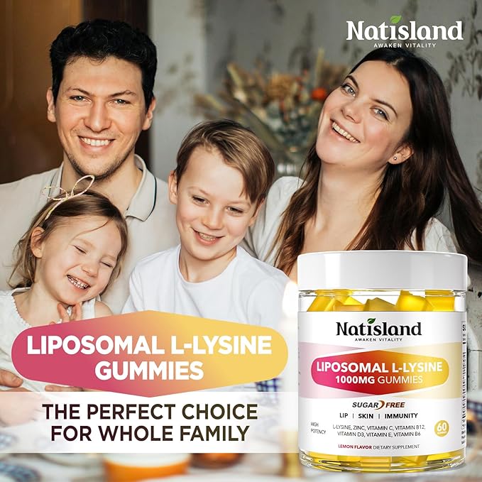 Liposomal L-Lysine Gummies 1000mg, Lysine Chewable Supplements for Kids & Adults, Lysine with Zinc & Vitamins, Lips & Oral Health, Immune Support, Sugar-Free, Lemon Flavor, 60 Ct