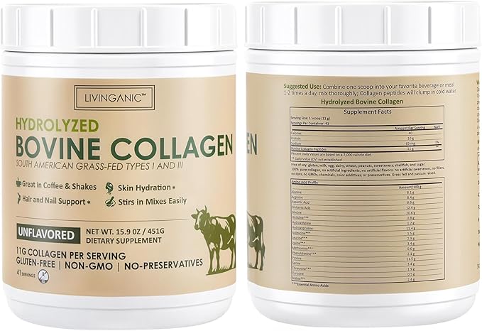 Hydrolyzed Bovine Collagen,15.9oz Types I & III, Grass-Fed, Pasture-Raised Protein, Zero Sugar Supplement for Healthy Skin, Nails, Bones & Joints Unflavored 41 Servings