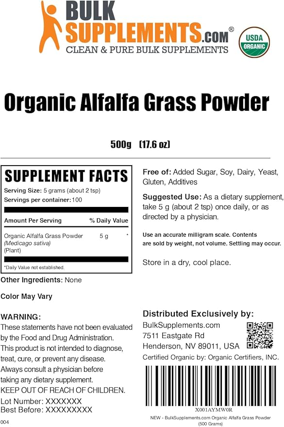 BulkSupplements.com Organic Alfalfa Grass Powder - Alfalfa Supplement, Green Superfood Powder, Alfalfa Powder Organic - Vegan & Gluten Free, 5g per Serving, 500g (1.1 lbs) (Pack of 1)