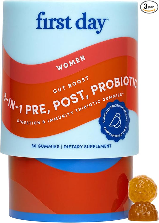 FIRST DAY Womens 3-in-1 Probiotic Gummies – Prebiotic + Probiotic + Postbiotic Supplement – Supports Digestive & Oral Health, Immune Function & Energy Levels – 30-Day Supply