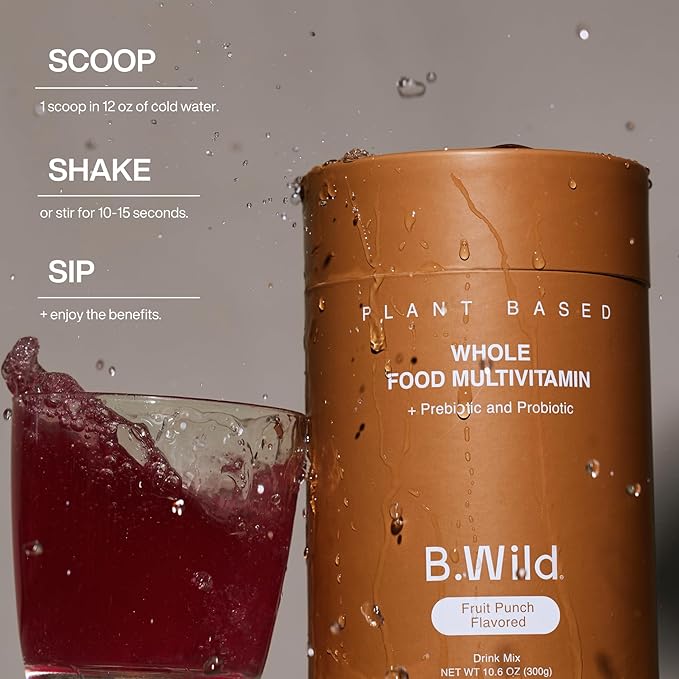 B.WILD Multivitamin Drink Mix Plant Based Antioxidant Drink | Prebiotics and Probiotics for Digestive Health - Fruit Punch Flavor - 300 g, 30 Day Supply