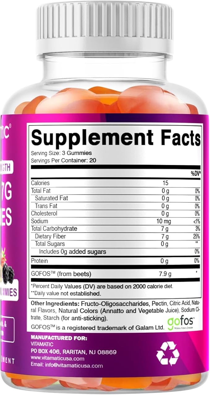 Vitamatic Prebiotic Fiber Gummies for Adults – 2 Pack (Total 120 Gummies) 7g Fiber per Serving | Extra Strength | Zero Sugar Added | Pectin-Based | Digestive Health & Regularity Support