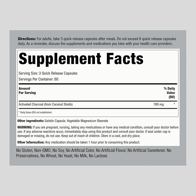 Piping Rock Activated Charcoal Pills | 780 mg | 180 Capsules | from Coconut Shells | Non-GMO, Gluten Free Supplement