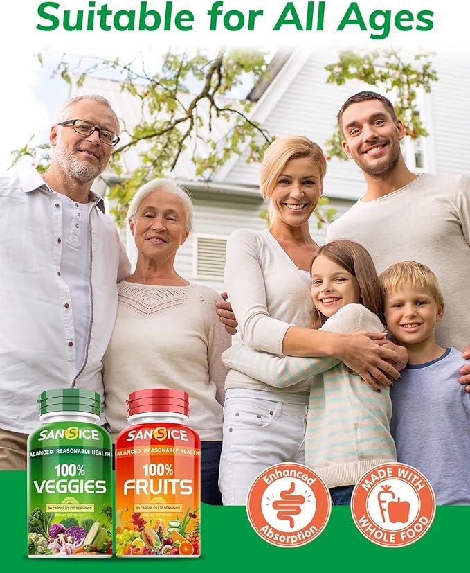 Fruits and Veggies Supplement, Natural Fruit and Vegetable Vitamins Soy Free & Non-GMO Vegetable and Fruit Supplements for Women Men and Kids - 90 Fruit Capsules, 90 Veggie Capsules