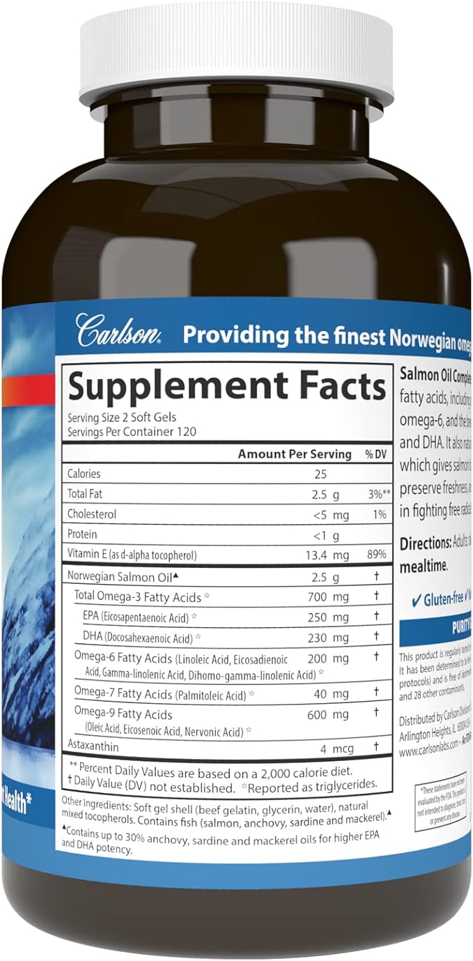 Carlson - Salmon Oil Complete, 700 mg Omega-3s + Astaxanthin, Cardiovascular Support, Brain Function & Joint Health, Norwegian, 240 Softgels