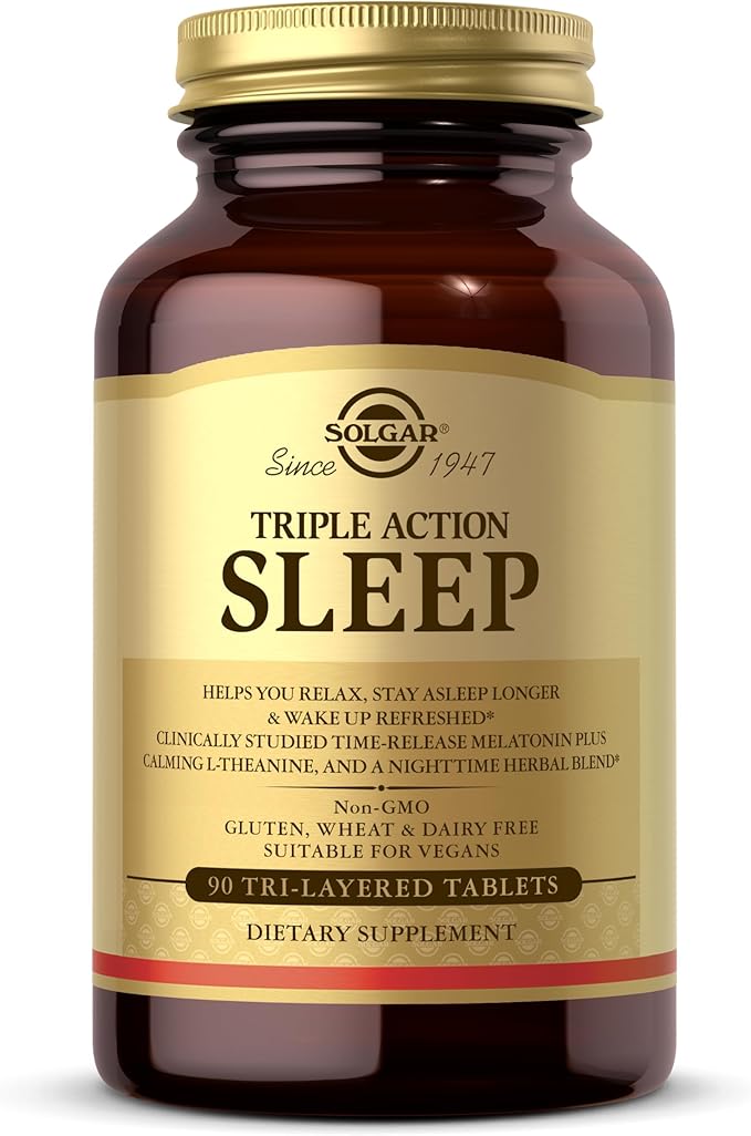 Solgar Triple Action Sleep, 90 Tri-Layer Tablets - Time-Release Melatonin & L-Theanine Plus Herbal Blend - Helps You Relax - Non-GMO, Gluten Free - 90 Servings