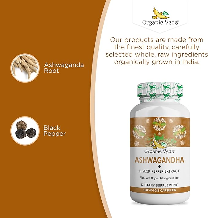 Organic Veda Ashwagandha Supplements, 1500mg - Ashwagandha Capsules with Black Pepper Extract - Made from Pure 100% Organic Ashwagandha Root - Mood Support Supplement & Energy, 120 Veggie