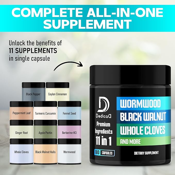 11in1 Wormwood Capsules - 180 Capsules Extracted from Black Walnut, Cloves, Ginger, Turmeric, Apple, Berberine HCl & More - Support Comfortable Digestive, Immune System for 3 Months