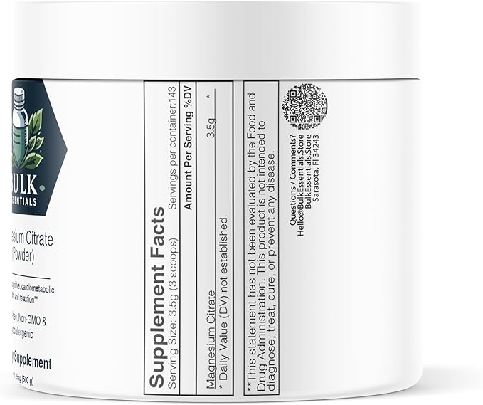 Pure Magnesium Citrate Powder – Unflavored 500g Supplement for Muscle, Heart & Digestive Support – USA Made, Free from GMO & Gluten – Magnesio 3.5g Per Serving