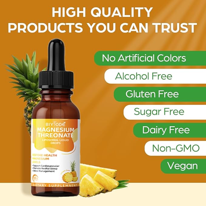 Magnesium L-Threonate Liquid Drops Restore Health Magnesium Levels Support Cardiovascular Promote Restful Sleep Relax Pineapple Flavor 60ml
