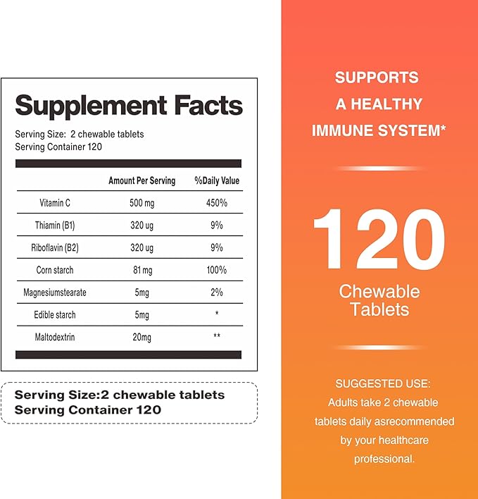 500mg Vitamin C, Immune Support, 120 Chewable Tablets, 60 Day Supply, Gluten-Free, Orange Flavor