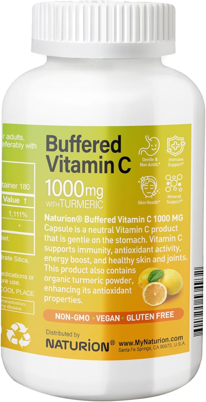 Buffered Vitamin C 1000 mg with Organic Turmeric - Antioxidant & Immune Support - Healthy Skin & Joints - Gluten & Dairy Free - 180 Vegan Capsules, 180 Day Supply