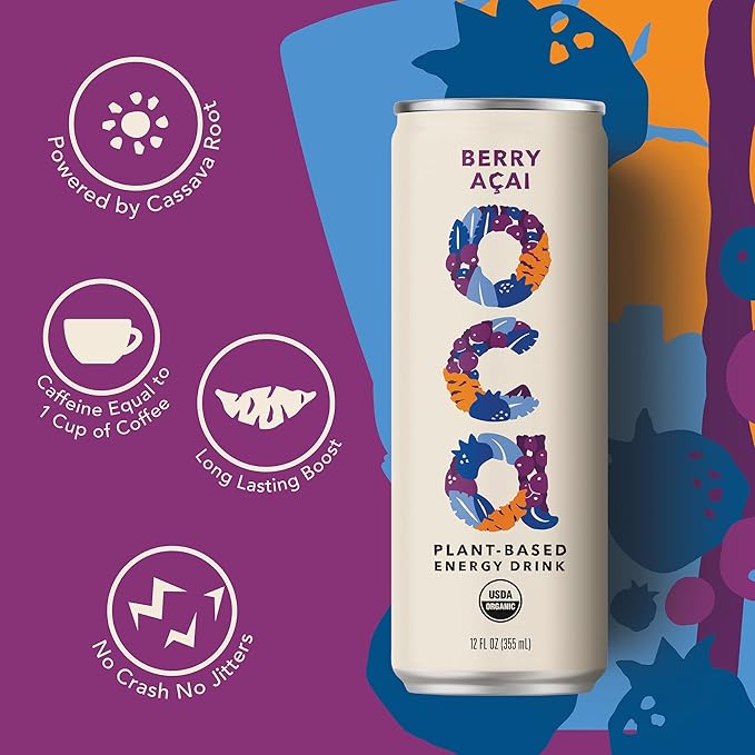 OCA | Organic, Vegan, Plant-Based Energy Drink - Berry Açai Flavor - 60 Calories per Can - 12-Pack - This energy drink is: organic, vegan, naturally sweetened, gluten free
