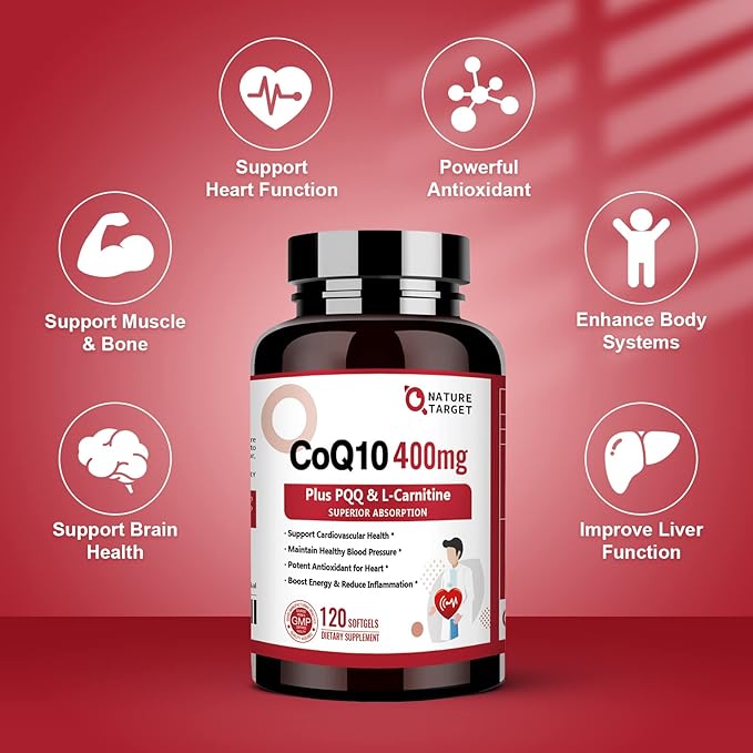 NATURE TARGET CoQ10-400mg with PQQ, Omega-3s & L-Carnitine, High Absorption Coenzyme-Q10 with BioPerine, Supports Heart, Brain, Immune System, Energy Production, 120 Servings