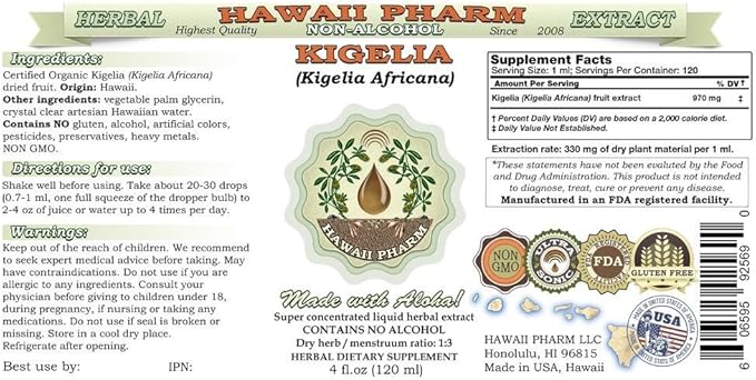 Kigelia Alcohol-Free Liquid Extract, Kigelia (Kigelia Africana) Dried Fruit Glycerite Hawaii Pharm Natural Herbal Supplement 2x4 oz