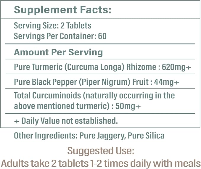 Turmeric Tablet Supplement - with High-Curcumin Lakadong Turmeric enhanced with Black-Pepper - Healthy Heart, & Healthy Immune System - 120 Vegan Tablets