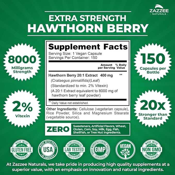 Zazzee Extra Strength Hawthorn Berry 20:1 Extract, 8000 mg Strength, 2% Vitexin, 150 Vegan Capsules, 5 Month Supply, Concentrated and Standardized Potent 20X Extract, Non-GMO and All-Natural