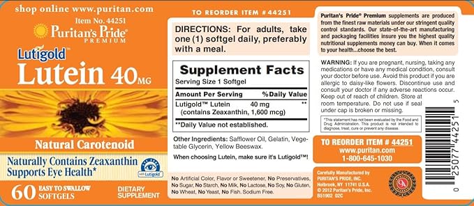Puritan's Lutigold Lutein 40mg Zeaxanthin 1600 mcg 60 Softgels Free USA Shipping