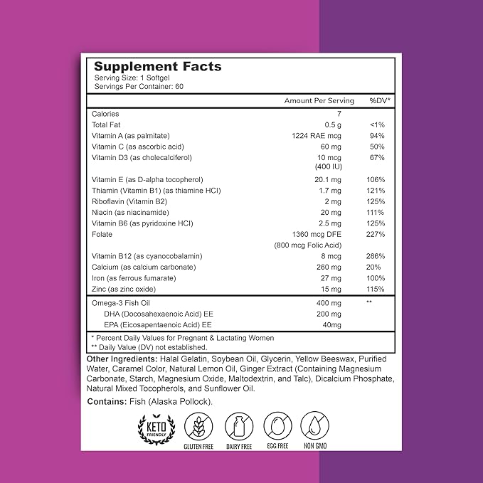 Halal Prenatal Vitamins + DHA, Folic Acid Iron, Ginger for Soothing, One Daily, for All Pregnancy Stages, Gluten Free, Non-GMO, 60 Softgels, 2 Months Supply, USA Made, Halal Vitamins