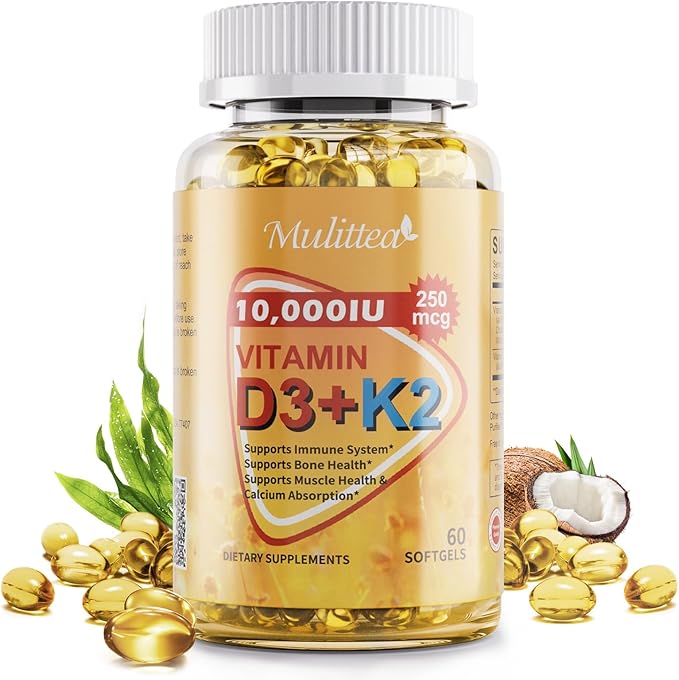 3 in 1 Vitamin D3 K2 Softgels with Natural MCT, 10000 IU - Vitamin D Plus MK-7 200mcg, No Fillers, Non-GMO for Immune Support, Bone & Heart Health, Plant-Based Ultimate Absorption, 1 Months Supply