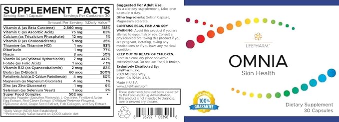 Omnia - Skin, Hair, and Nails Supplement - Triple Acting Complex for Healthy and Glowing Skin - Features a Natural Blend of Vitamins, Minerals, Collagen and Other Superfoods - 30 Capsules