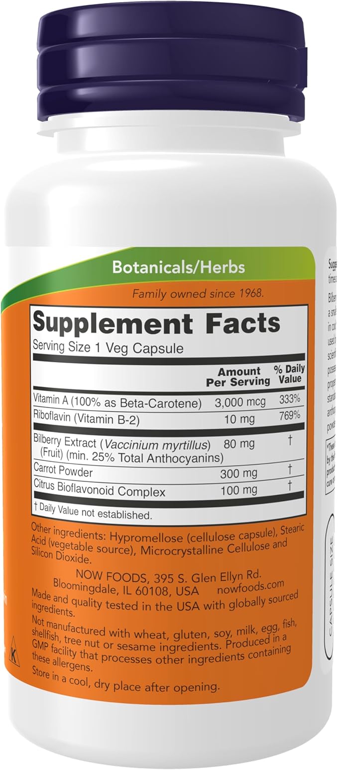 NOW Foods Supplements, Bilberry (Vaccinium myrtillus)Complex 80 mg with Beta-Carotene & Riboflavin, 100 Veg Capsules