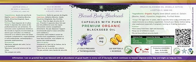 Black Seed Oil Capsules Halal Organic 120 Softgels Cold Pressed Thymoquinone - Turkish - Black Cumin Nigella Sativa Non-GMO Halal Gelatin & Glycerin 100% Pure Oil 500 mg - Blessed Kalonji Oil