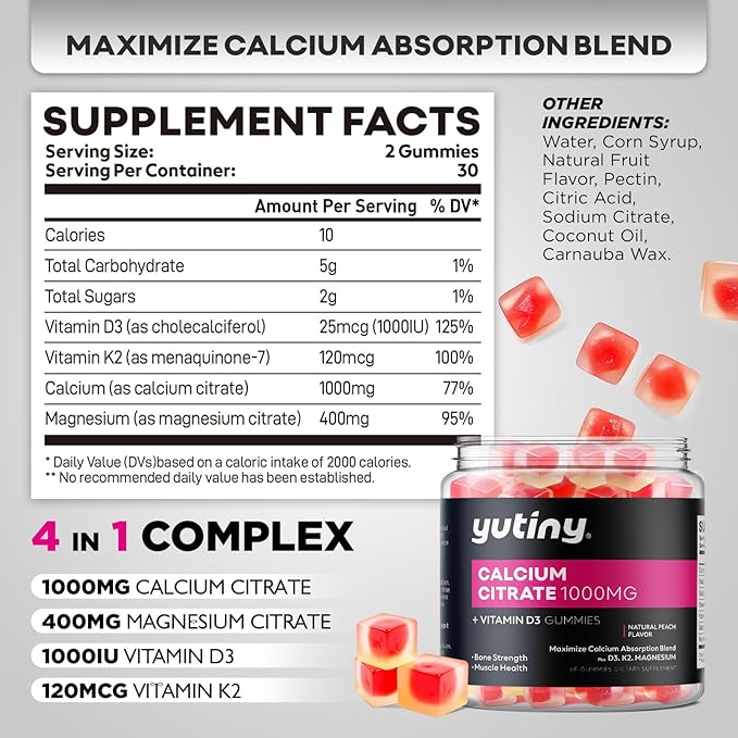 Calcium Citrate Filled Gummies, Extra Absorption Calcium Citrate 1000mg with Vitamin D3, K2 & Magnesium, Chewable Supplement for Bone, Muscle Health, 60 Count