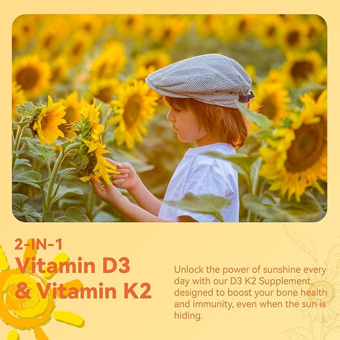 Vitamin D3 K2 Supplement Softgels, Vitamin D3 5000 IU & Vitamin K2 MK7 200 mcg, Bone & Teeth Support, Easy to Swallow - 120 Counts