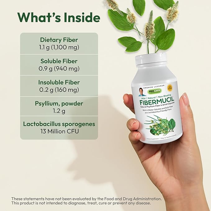 ANDREW LESSMAN Fibermucil 60 Capsules -Psyllium Husk Powder. Gently Promotes Regularity and Digestive Health. Rich in Fiber. Gentle, Easy, Effective. No Additives. Small Easy to Swallow Capsules