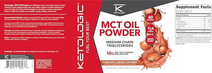 Ketologic MCT Oil Powder (1 LB) (Hazelnut Cream) - 40 Servings, Medium Chain Triglycerides Powder Supplement