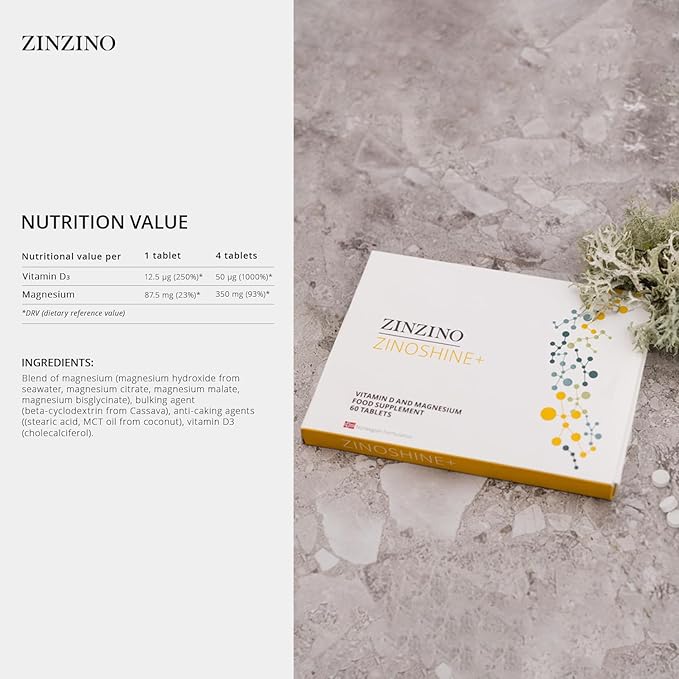 ZinoShine+ - Vitamin D3 & Magnesium Supplement for Immune Support, Energy, Muscle, Bone & Teeth Health - Reduces Fatigue - 60 Tablets