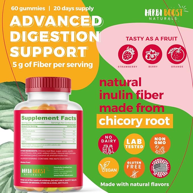 Prebiotic Fiber Gummies for Adults & Kids, Vegan Gummy Soluble Fiber with Inulin, Chicory Root Stimulating Enzymes for Digestion, Bloating Relief & Gut Health, Multicolor Natural Flavor Vitamins