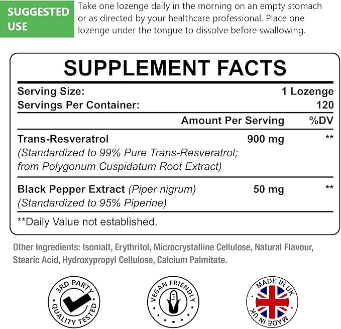 Sublingual Trans-Resveratrol Purity 99%, 3-in-1 Advanced Formula Resveratrol Supplement for Boost NAD+, Immune & Energy Support, Anti-Aging, Skin & Overall Health, 120 Lozenge (120-Day Supply)