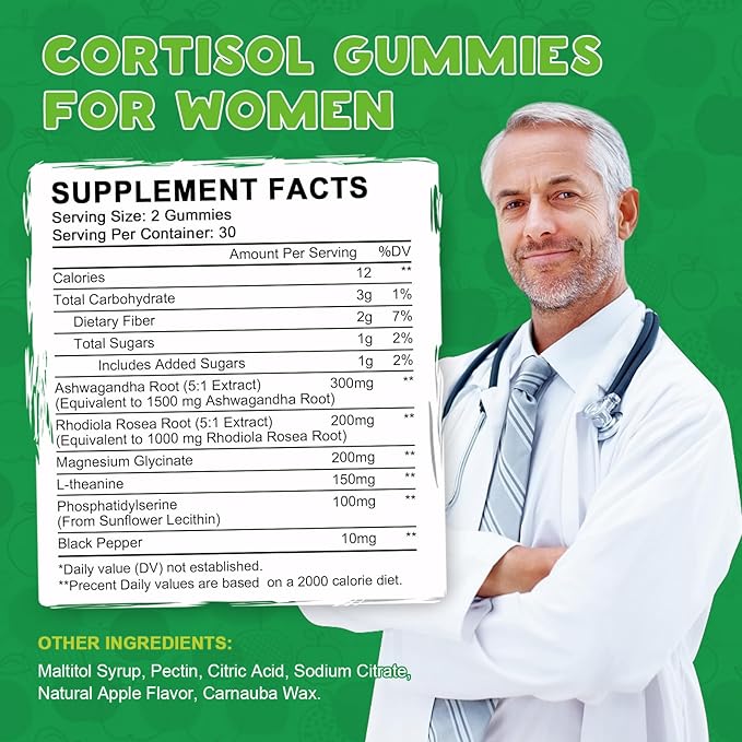 Cortisol Supplements Gummies for Women, Magnesium Ashwagandha Rhodiola Rosea and L-theanine Complex for Women, Maintain Healthy Cortisol Levels - 60 Day Vegan Supply