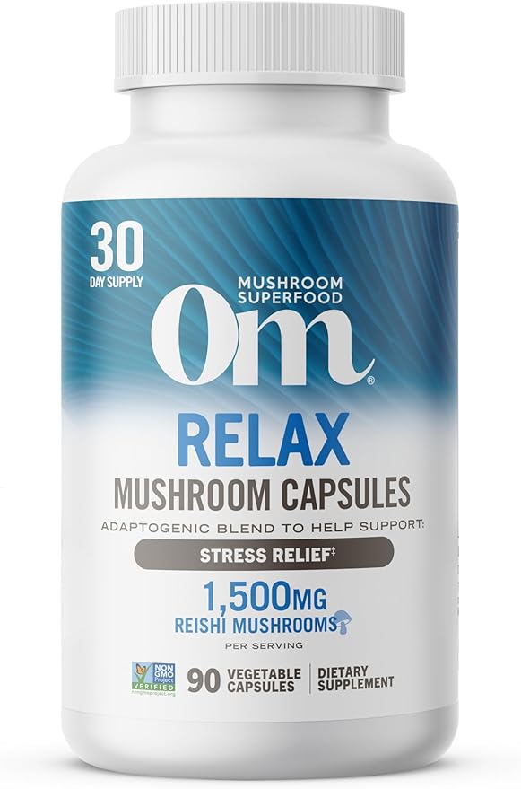 OM MUSHROOM SUPERFOOD Relax Mushroom Capsules, 90 Count, 30 Days, Reishi Mushrooms, Ashwagandha, GABA, L-Theanine, Magnesium, Adaptogens for Stress Support (Formerly Gently Zen, Packaging May Vary)