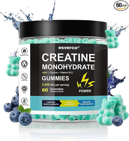 Creatine Monohydrate Gummies 5g, Muscle Growth, Creatine Gummy Supplements, L-Taurine Vitamin B12, Gain Energy, Workout Supplement, Sugar Free, Non-Sticky, Vegan for Men & Women Blueberry 60 Count