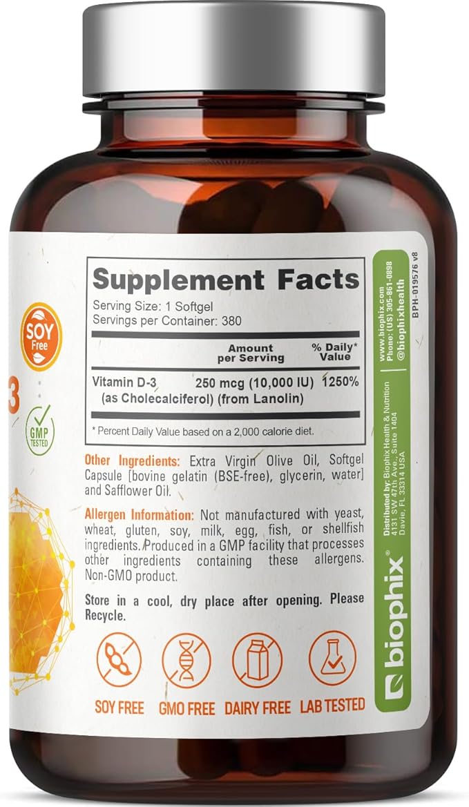 biophix Vitamin D-3 10000 IU 380 Softgels - High-Potency in Extra Virgin Olive Oil Non-GMO Soy-Free Supports Strong Bones Immune Health