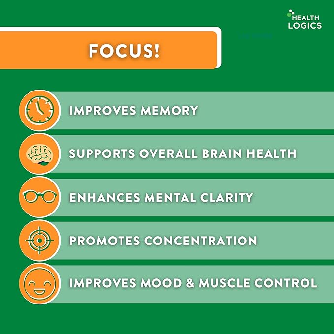 Health Logics Focus! - Brain Supplement for Memory, Clarity, Concentration with Choline, Ginkgo Biloba, Alpha GPC, Phosphatidylserine, Bacopa Monnieri l 60 Capsules l Non-GMO