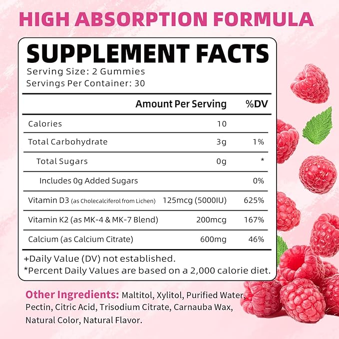 Vitamin D3 K2 Gummies, D3 Vitamin 5,000 IU + K2 200mcg - Vegan K2 D3 Vitamin Supplement, Highly Absorbent Supports Bone, Muscle, Immune, Raspberry, 60 Count