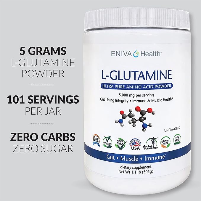 Eniva Health L-Glutamine Pure Powder, Unflavored (101 Servings) | Vegan, Gluten-Free, Sugar-Free, Non-GMO | Doctor-Formulated, USA Made | Gut Health, Leaky Gut, Bloating, Muscle Health, Immune System