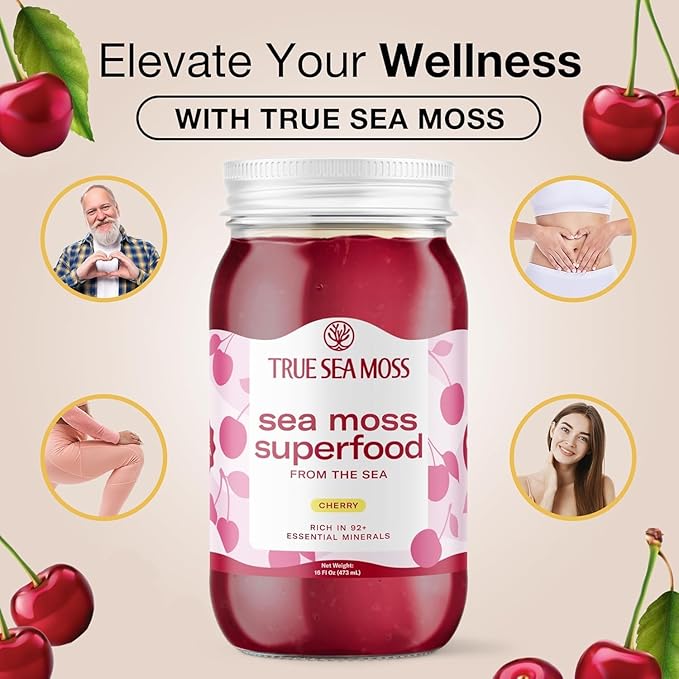 TrueSeaMoss Sea Moss Gel – Made in USA – Wildcrafted Seamoss, Fresh Fruits & Sea Vegetables – Cherry, Pack of 5 (Labels may Vary)
