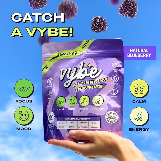 Vybe Mushroom Gummies for Focus and Energy - All-In-One Daily Mushroom Supplement - 8-in-1 Adaptogen Supplement Blend with Lion’s Mane, Cordyceps, Reishi, Chaga, Ashwagandha (Blueberry, 60-Count)