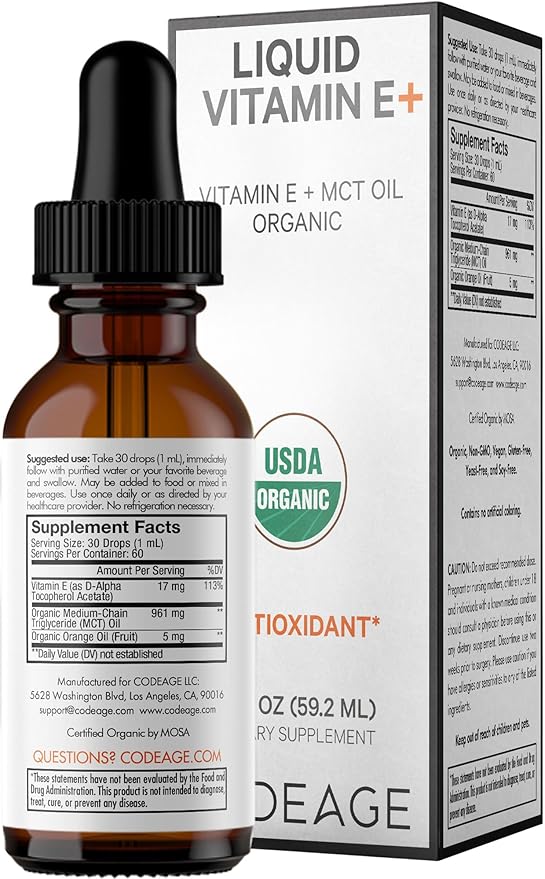 Codeage Liquid Vitamin E+ - USDA-Certified Organic Vitamin E - 2-Month Supply - D-Alpha Tocopherol Acetate, Organic MCT Oil, Organic Orange Fruit Oil, Unflavored, Non-GMO, Vegan, Gluten-Free, 2 fl oz