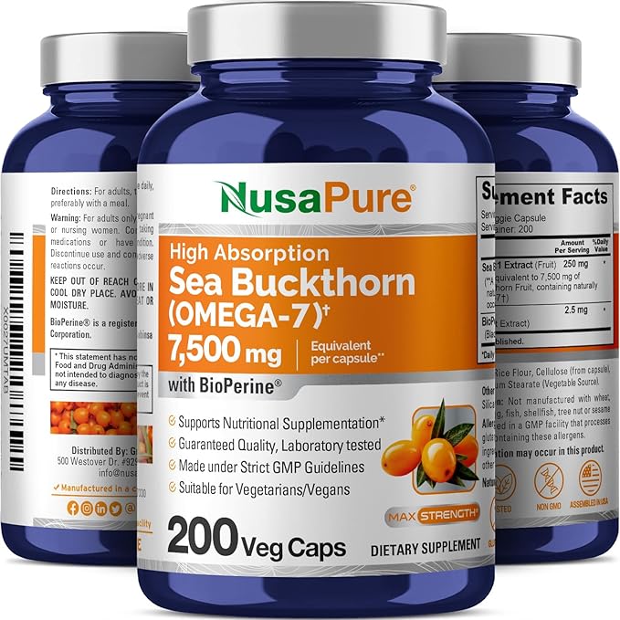 NusaPure Sea Buckthorn Omega-7 30:1 Extract, 250 mg Equivalent to 7,500mg per Veggie Powder Caps - 200 Count - Non-GMO & Vegan