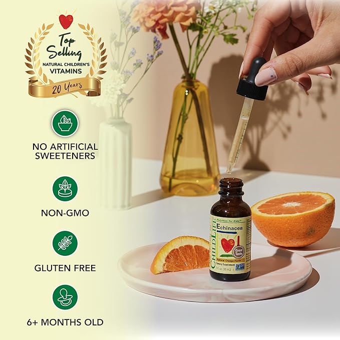 CHILDLIFE ESSENTIALS Echinacea for Kids - Kids Echinacea Drops, Liquid Tincture, Alcohol Free Supplement for Babies, Toddlers, Children - Natural Orange, 1 Fl Oz (Pack of 2)