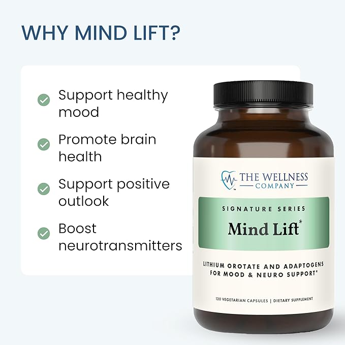 The Wellness Company Mind Lift | 60 Capsules (1 Month Supply) | Supports Healthy Mood with Lithium, Ashwagandha, DHA, and GABA | Non-GMO, Gluten-Free | Stress Management and Cognitive Support